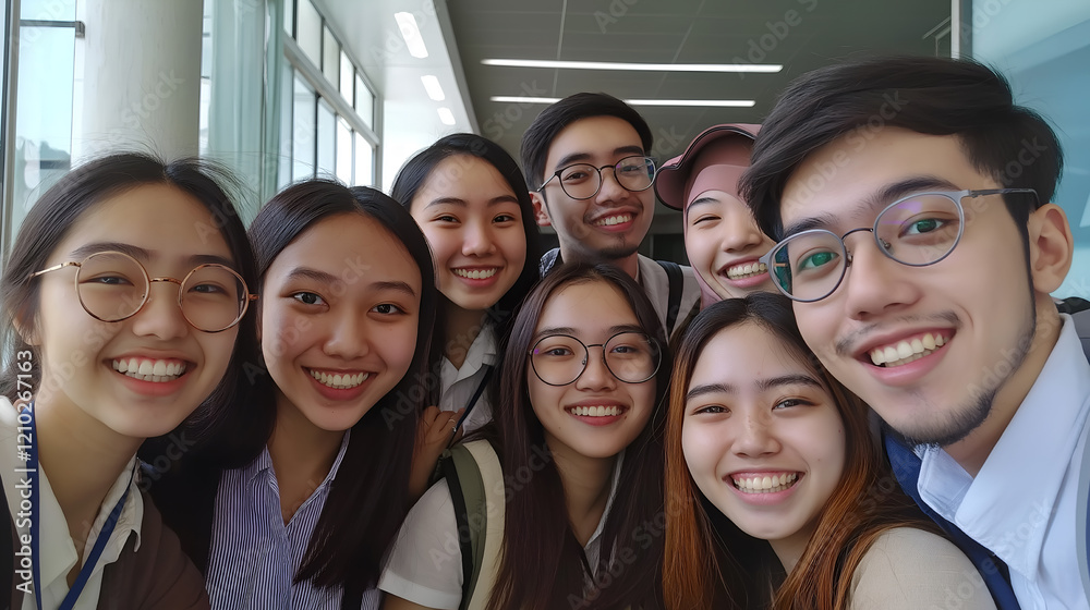 Selfie, students and group with diversity, smile and education with break, cheerful and bonding together Selfie, students and group with diversity, smile and education with break, cheerful and bonding together