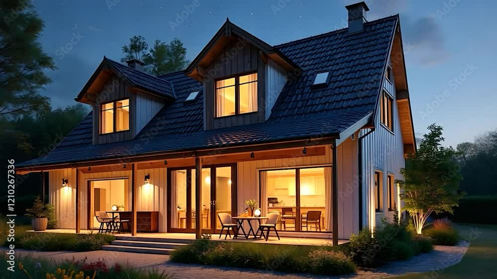 Modern House Exterior at Night with Illuminated Windows Modern House Exterior at Night with Illuminated Windows