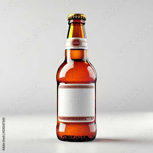 Brown glass beer bottle with a blank white label, covered in condensation droplets, isolated on a white background. Perfect for branding, product mockups, and beverage advertising