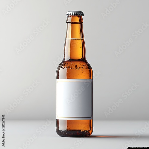 Brown glass beer bottle with a blank white label, covered in condensation droplets, isolated on a white background. Perfect for branding, product mockups, and beverage advertising
