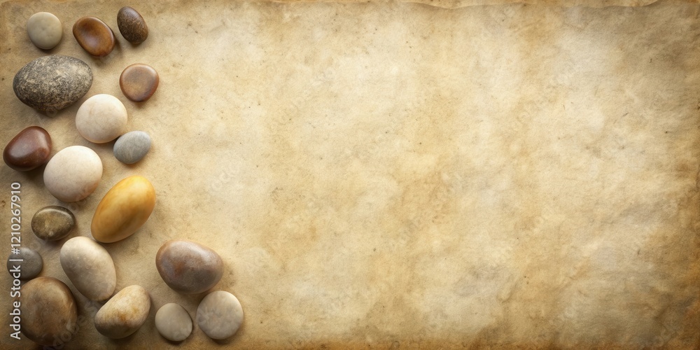 Aged Parchment Background with Smooth River Rocks Arranged Along the Side Aged Parchment Background with Smooth River Rocks Arranged Along the Side