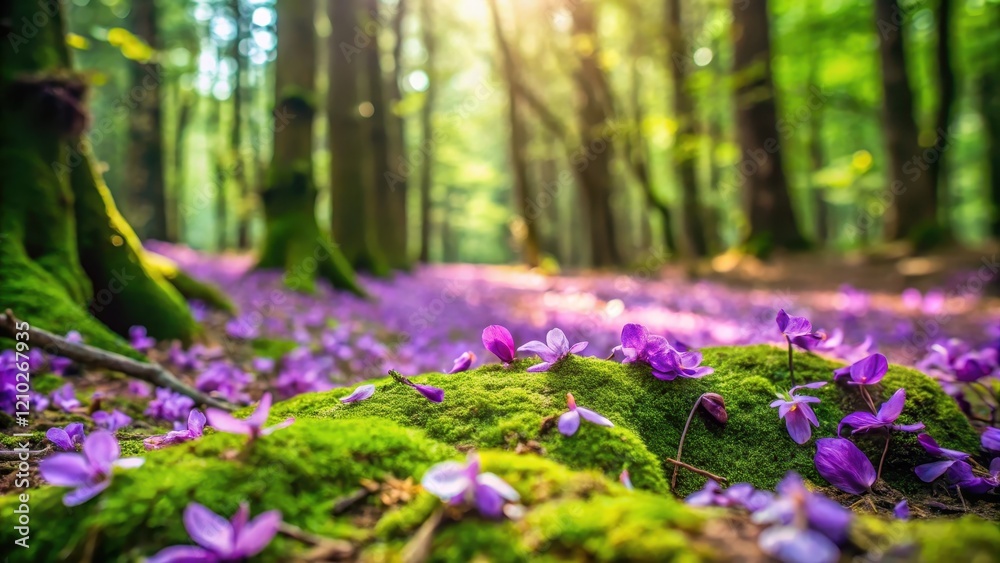 Obraz premium delicate purple flower petals scattered on a soft mossy forest floor amidst vibrant green leaves and branches , woodland ambiance, forest floor