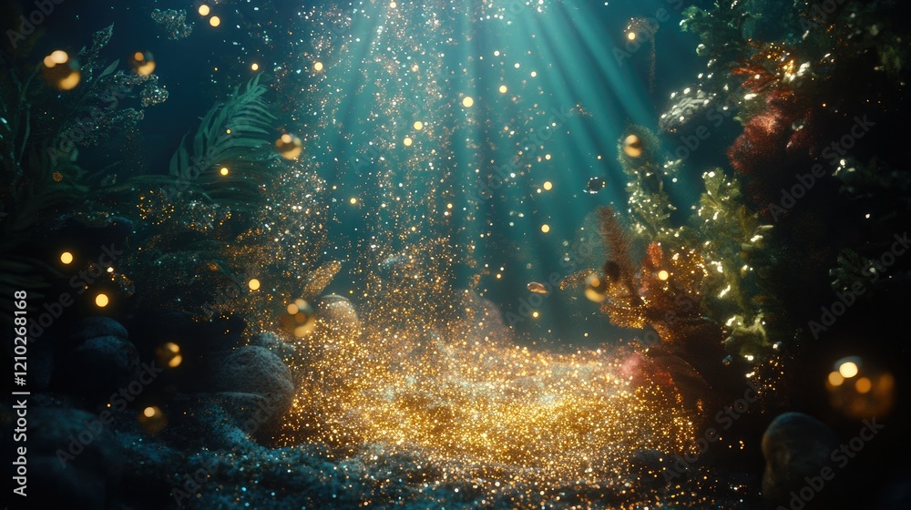 Soft, shimmering gold glitter particles flowing in a dreamy underwater setting with festive sparkles and lights. Soft, shimmering gold glitter particles flowing in a dreamy underwater setting with festive sparkles and lights.