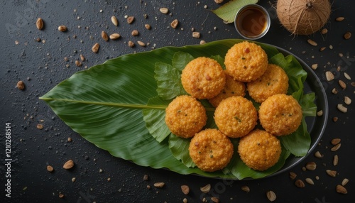 Top view of South Indian Parippu Vada on a banana leaf, golden fried snacks glistening with coconut oil, set against a dark black background, evoking Kerala tea time ambiance