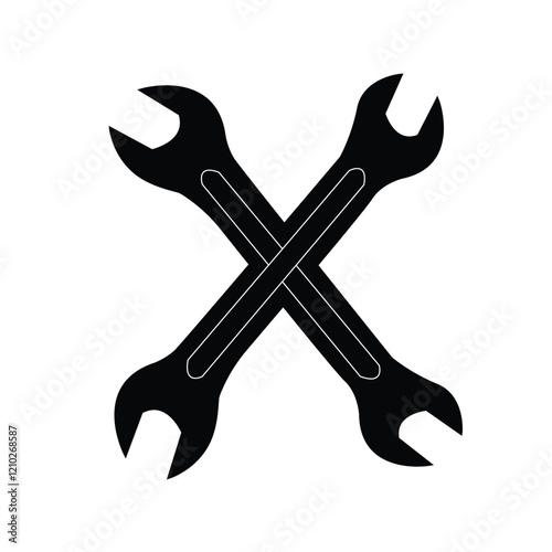 silhouette icon of two black wrenches crossed over each other.workshop equipment,logo,vector illustration on white background.