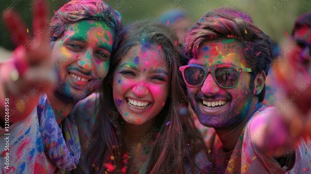 Obraz premium Group Of Friends Celebrating Holi With Laughter