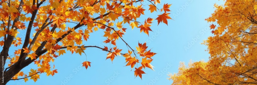Autumn leaves of various colors falling from a tree against a clear blue sky, serene, nature, outdoors Autumn leaves of various colors falling from a tree against a clear blue sky, serene, nature, outdoors