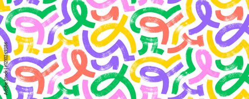Colorful playful labyrinth seamless pattern with bold squiggles. Brush drawn messy curved lines. Messy doodles, wavy and curly lines, maze motif. Creative abstract banner design in kid's style.