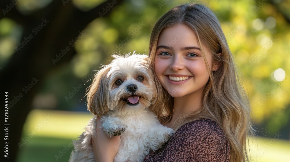 A happy young woman with a Shih Tzu in her arms, standing against a sunny park background