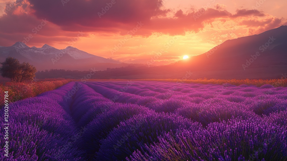 Sunset over Lavender Field in the Mountains