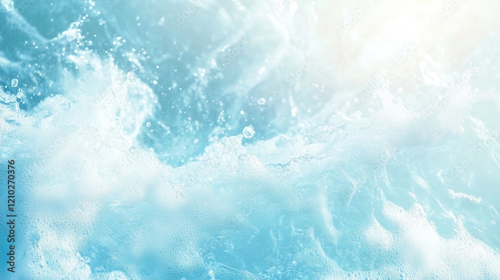 Transparent blue water texture with gentle waves, bubbles, and splashes in sunlight, ideal for skincare product banners with copy space. Transparent blue water texture with gentle waves, bubbles, and splashes in sunlight, ideal for skincare product banners with copy space.