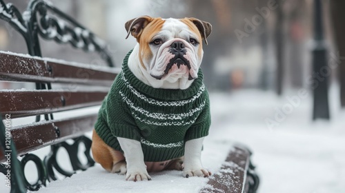 A well-groomed Bulldog in a green winter sweater, sitting calmly on a snow-covered bench