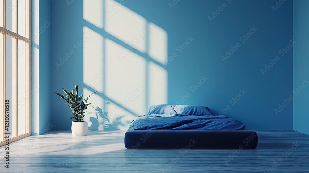 Fototapeta premium Trendy bedroom with pastel sky blue tones, a bold navy bed, and an empty wall for custom art mockups or interior styling inspiration.