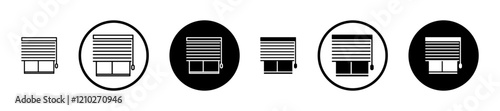 Blinds open icon set in black filled and stroke line style.