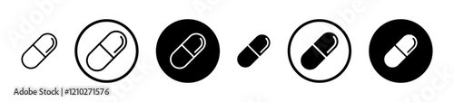 Capsules icon set in black filled and stroke line style.