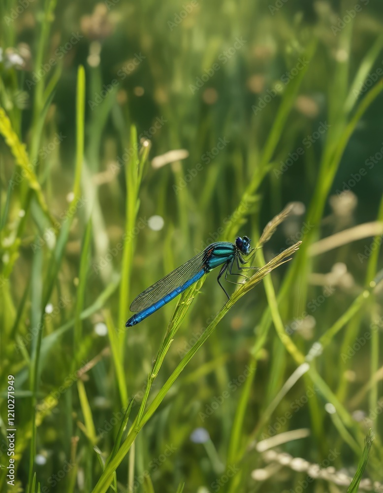 Banded demoiselle resting on a narrow blade of grass in a meadow, grass, insect photography