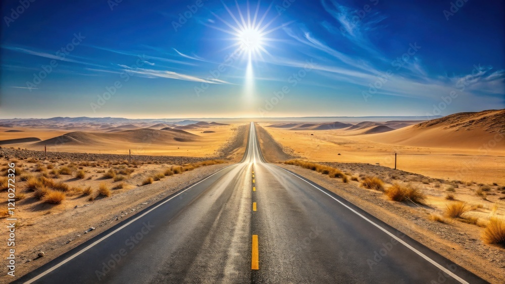 Asphalt ribbon cutting through a sun-drenched desert landscape, vanishing into the horizon Asphalt ribbon cutting through a sun-drenched desert landscape, vanishing into the horizon