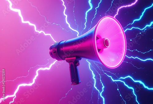 Vibrant pink megaphone with thunderbolt against purple-brown background. Minimal abstract retro futuristic concept of hurtful words, hate or free speech. 3D illustration. Vaporwave creative card.