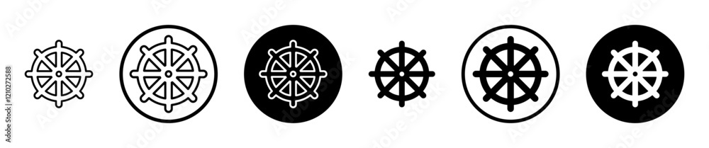 Dharmachakra icon set in black filled and stroke line style. Dharmachakra icon set in black filled and stroke line style.