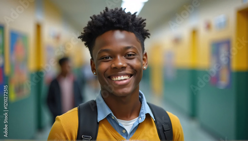 An image of a happy African American high school student in a hallway
