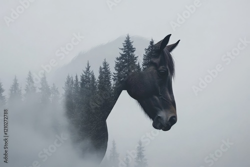 double exposure horse with forest