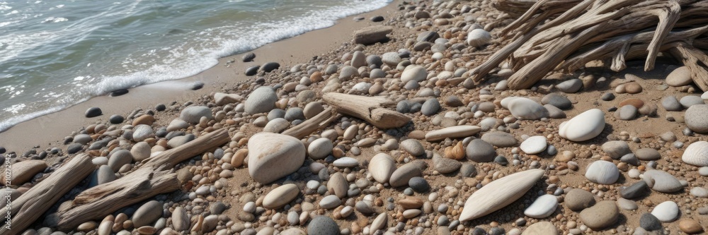 Beachy driftwood and shells scattered along the shoreline with pebbles and rocks, coastal treasures, scenic coastline Beachy driftwood and shells scattered along the shoreline with pebbles and rocks, coastal treasures, scenic coastline