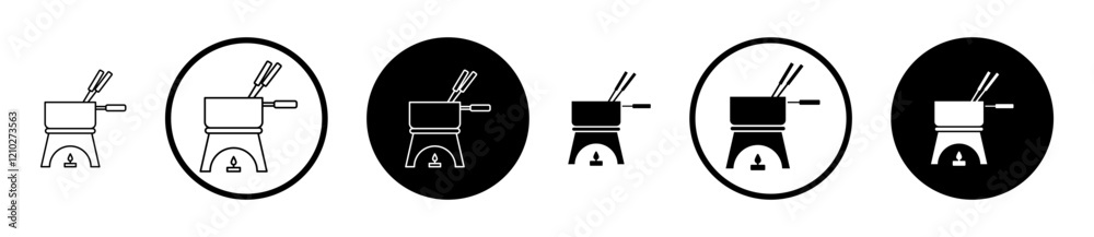 Fondue pot icon set in black filled and stroke line style. Fondue pot icon set in black filled and stroke line style.
