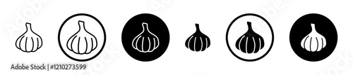 Garlic icon set in black filled and stroke line style.