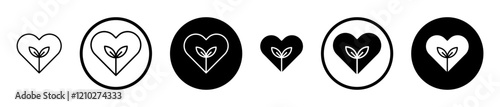 Leaf heart icon set in black filled and stroke line style.