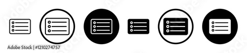 Menu list button icon set in black filled and stroke line style.
