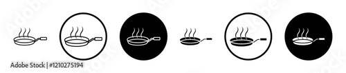 Pan frying icon set in black filled and stroke line style.