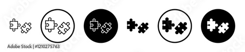 Puzzle pieces icon set in black filled and stroke line style.