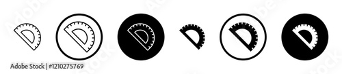 Protractor icon set in black filled and stroke line style.