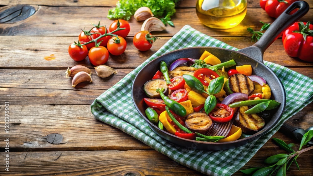 A rustic skillet brimming with a vibrant medley of roasted vegetables, including eggplant, zucchini, tomatoes, and peppers, rests on a checkered napkin atop a wooden table. A rustic skillet brimming with a vibrant medley of roasted vegetables, including eggplant, zucchini, tomatoes, and peppers, rests on a checkered napkin atop a wooden table.