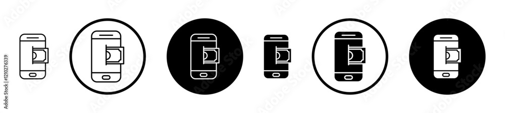 Send money smartphone icon set in black filled and stroke line style. Send money smartphone icon set in black filled and stroke line style.