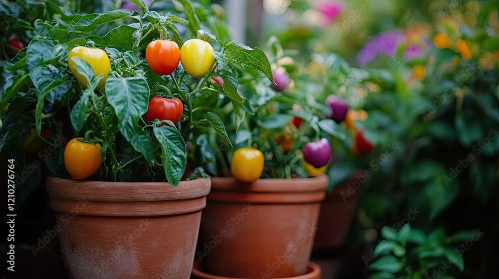 A close-up of terracotta pots with vibrant paprika fruits and nightshade plants in a lush garden setting. A close-up of terracotta pots with vibrant paprika fruits and nightshade plants in a lush garden setting.