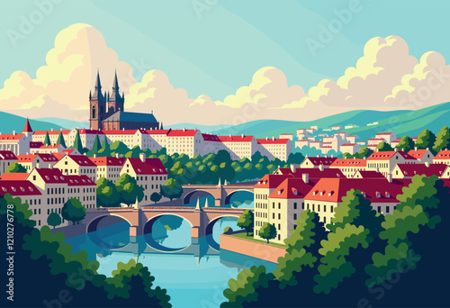 Prague Skyline with Charles Bridge and Gothic Cathedral