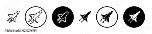 Space shuttle icon set in black filled and stroke line style.