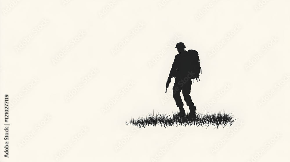 A minimalist design of a soldier with a backpack moving through the wilderness. Soldier with backpack.
A minimalist design of a soldier with a backpack moving through the wilderness. Soldier with backpack.