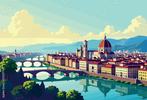 Florence Cathedral and Ponte Vecchio Over the Arno River