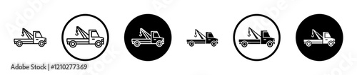Tow truck icons set in black filled and stroke line style