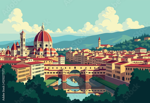 Florence Cathedral and Ponte Vecchio Over the Arno River