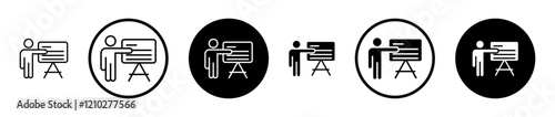 User chalkboard icon set in black filled and stroke line style.