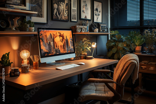 modern home office featuring sleek design minimalist decor vibrant green plants, cozy lighting and creative workspace that blends nature  luxury for productivity style.