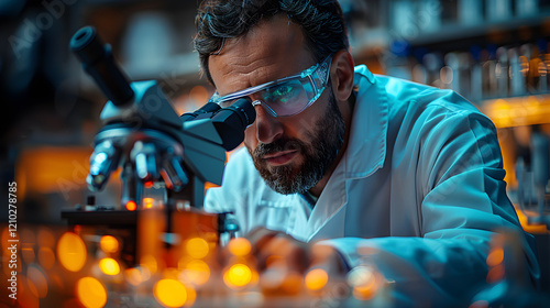 dedicated researcher using microscope in a laboratory carefully analyzing chemical samples, showcasing commitment to advancing medical science and discovering innovative solutions.