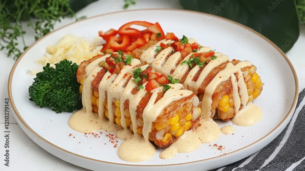 Mexican Street Corn (Elote) Topped with Mayonnaise, Cheese, and Chili Powder Mexican Street Corn (Elote) Topped with Mayonnaise, Cheese, and Chili Powder