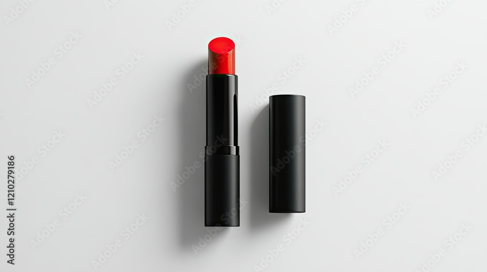 A stylish black and red lipstick tube with its cap beside it, perfectly aligned on a bright white background. A stylish black and red lipstick tube with its cap beside it, perfectly aligned on a bright white background.