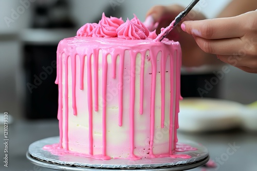 Woman Baker s hands decorating a tall, layered cake with pink frosting and drizzled icing.  photo