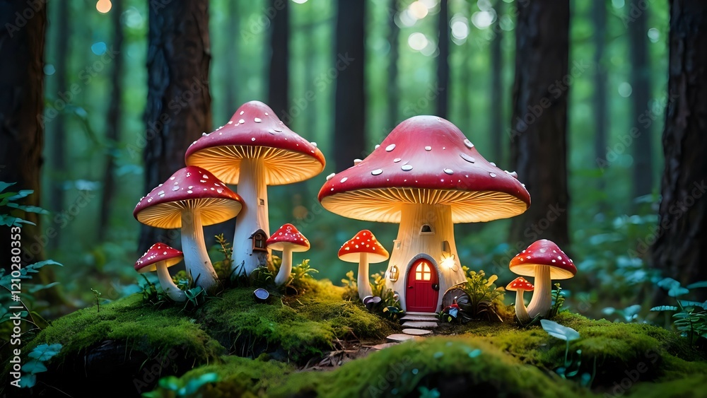 Fototapeta premium Enchanting miniature house nestled amongst glowing mushrooms in a mystical forest at twilight.