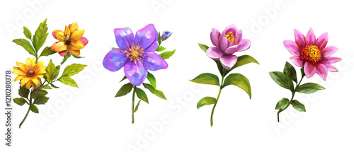 Isolated composition of four seasonal flowers in vibrant colors and styles